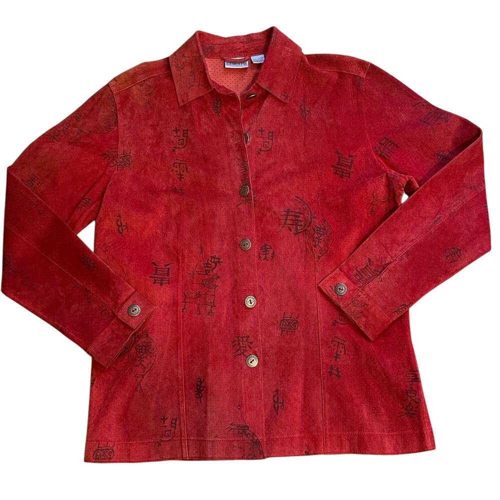 Chico’s Suede Leather Y2K Boho Asian Calligraphy Print Red Jacket Size 1 (Med)